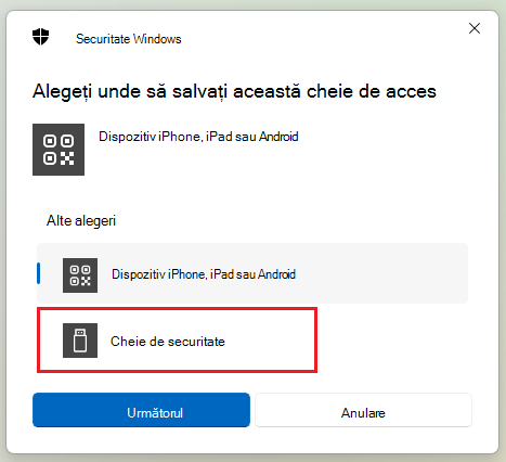 Captură de ecran cu salvarea unei chei de securitate pe Windows 11.