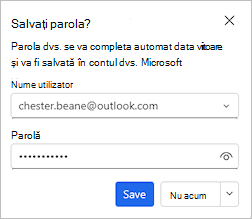 Captură de ecran afișând caseta de dialog care oferă salvarea parolei