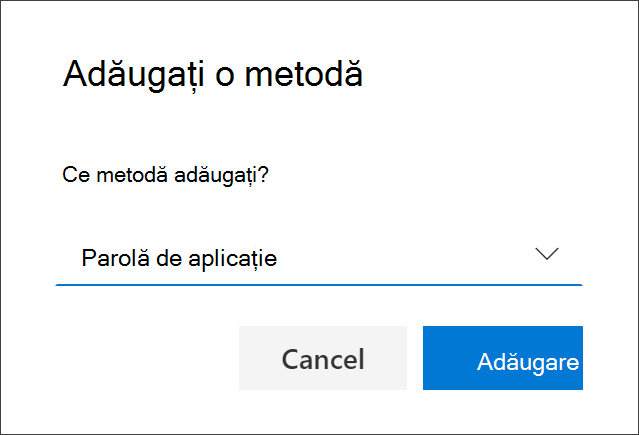 Caseta Adăugare metodă, cu parola de aplicație selectată