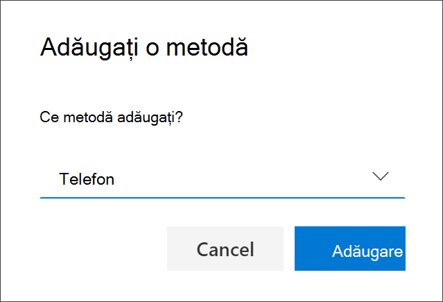 Caseta Adăugare metodă, cu Telefon selectat