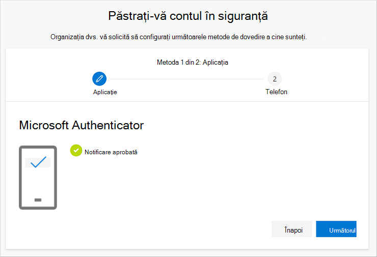 Notificare de succes, conectarea aplicației și a contului dvs.