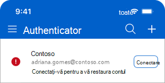 Captură de ecran cu Microsoft Authenticator afișând mesajul de conectare pentru a vă restaura contul