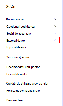 Meniul setări din Dashlane cu Exportați datele evidențiate.