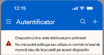 Captură de ecran care afișează un cont de la locul de muncă sau de la școală blocat pe un dispozitiv iOS deblocate prin jailbreak în Microsoft Authenticator.