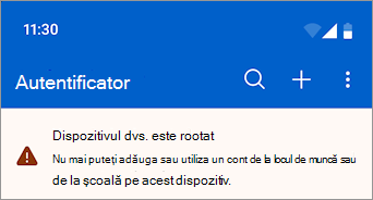 Captură de ecran afișând un cont de la locul de muncă sau de la școală blocat pe un dispozitiv Android rooting în Microsoft Authenticator.