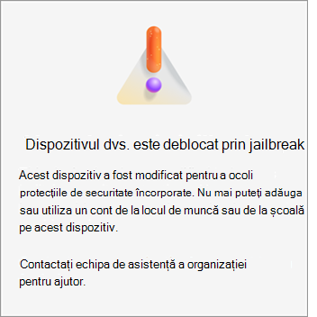 Captură de ecran care afișează eroarea Dispozitivul dvs. este deblocat prin jailbreak în Microsoft Authenticator pe iOS.