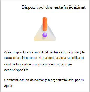 Captură de ecran care afișează un mesaj de avertisment înrădăcinat pe un dispozitiv în Microsoft Authenticator.