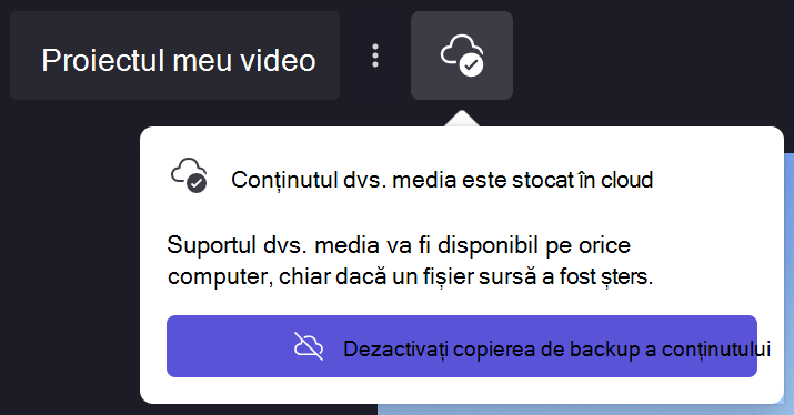 Imagine cu dialogul de backup al conținutului Clipchamp