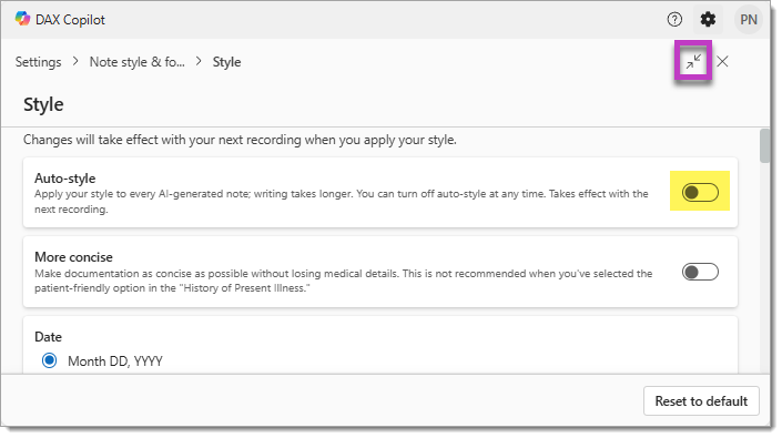The Note style and format settings screen.