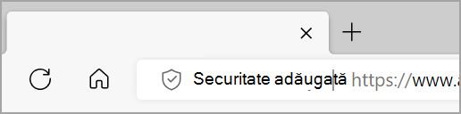Securitate adăugată se afișează în partea stângă a barei de adrese Microsoft Edge atunci când este activată securitatea îmbunătățită pentru un site web.