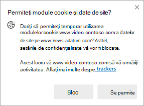 Captură de ecran a consolei de gestionare care apare atunci când un site solicită permisiunea de a utiliza module cookie și date ale site-ului pe alt site