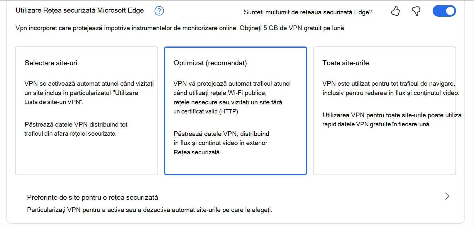 Captură de ecran cu opțiunile din MicrosoftEdgeSecureNetwrok
