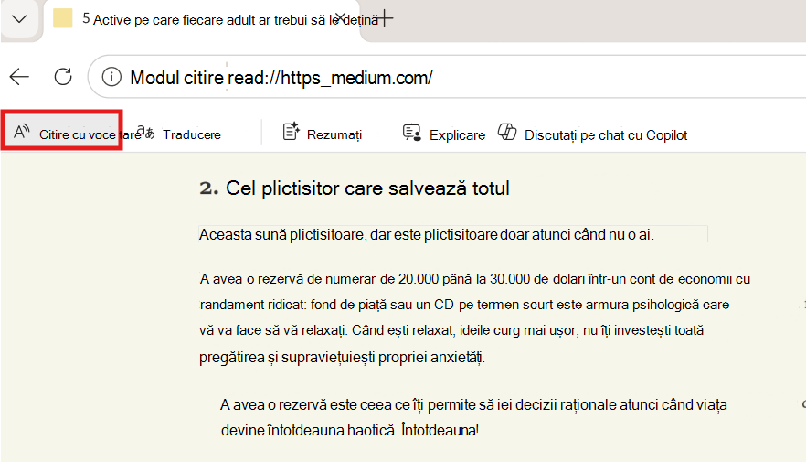 Captură de ecran a citirii cu voce tare.