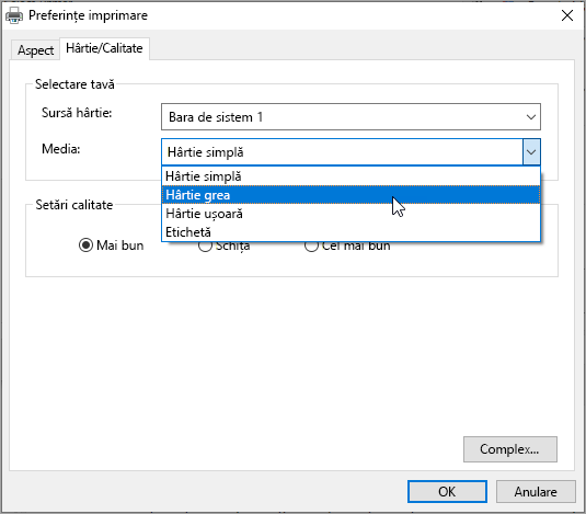 Preferințele casetei de dialog imprimare a sistemului Windows