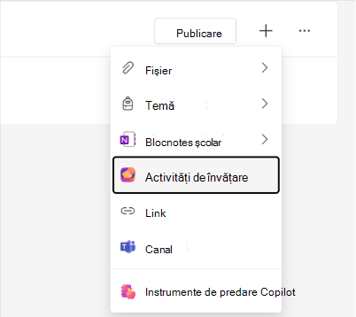 Captură de ecran a opțiunii Activități de învățare din meniul modulului Activitate în clasă.