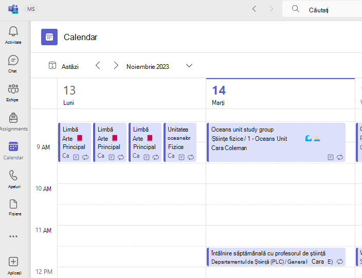 Captură de ecran a calendarului.