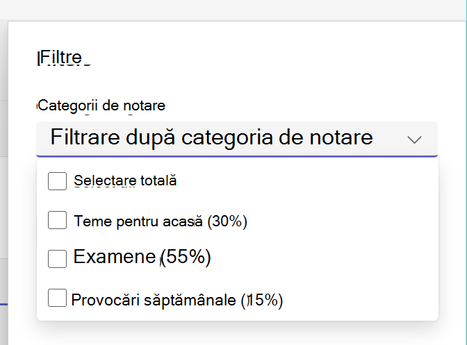 Afișează categorii de notare extinse în lista Teme pentru acasă