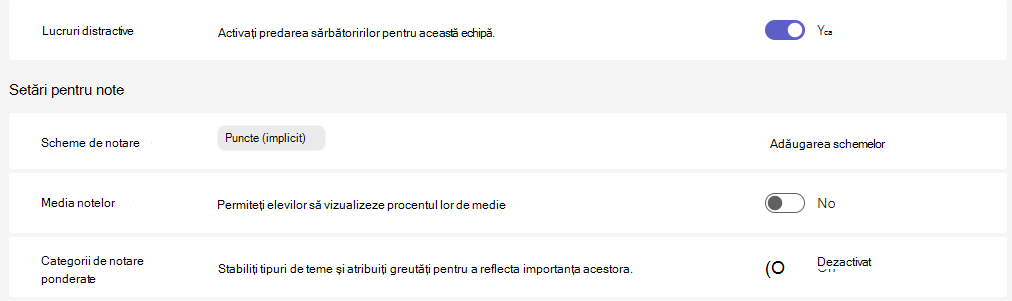 setări pentru note