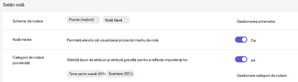setări pentru note