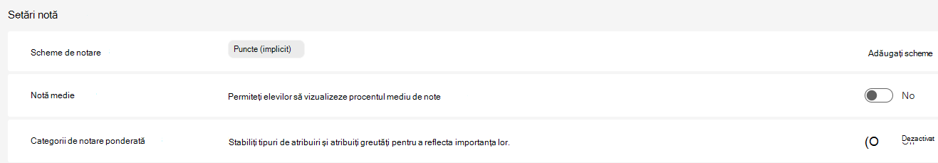 setări pentru note