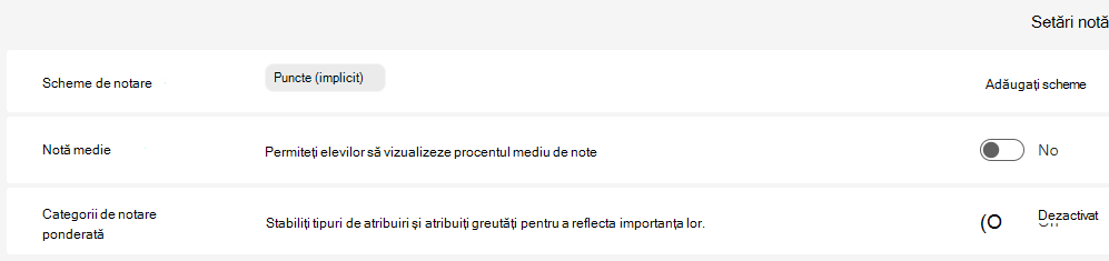 setări pentru note