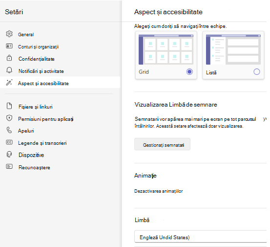 Captură de ecran a selecției limbii.