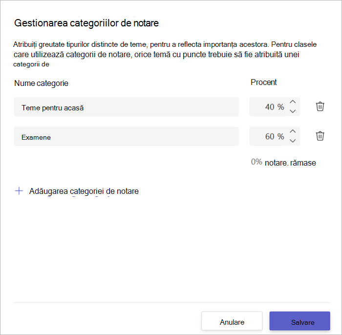 Captură de ecran a ferestrei Categorii de notare afișând 2 categorii, teme pentru 40% și examene pentru 60%