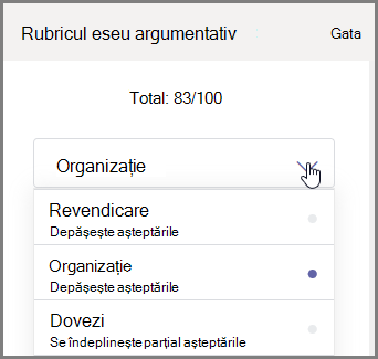 Selectați secțiunea temei pentru acasă a elevului/studentului de notat