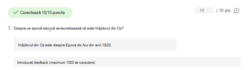 Captură de ecran cu întrebarea la care s-a răspuns corect.