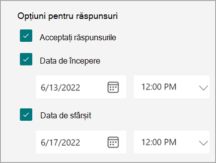 Captură de ecran cu setările de formular/test unde utilizatorii pot seta o dată de început și o dată de sfârșit pentru răspunsuri.