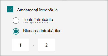 Captură de ecran a setării test/formular pentru amestecarea și blocarea întrebărilor de tip test.