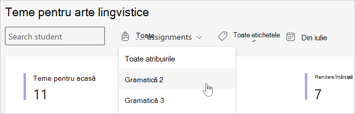 captură de ecran a filtrelor disponibile în vizualizarea Teme și note din Detalii. Puteți căuta după elev/student, după temă, după etichetă sau după dată.