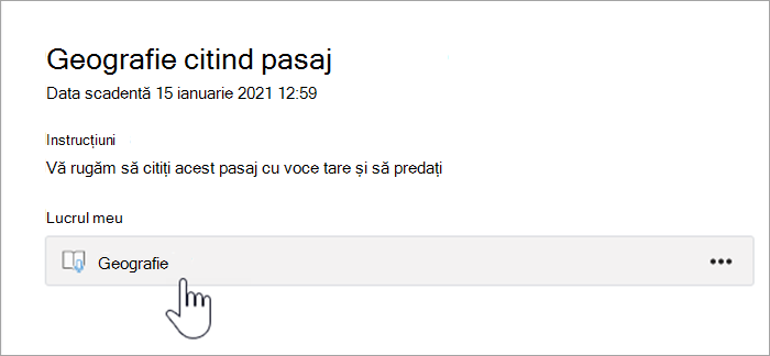 Captură de ecran cu experiența studenților. textul scrie Geografie citind pasajul, scadent pe 15 ianuarie 2021 12:59, instrucțiuni: vă rugăm să citiți acest pasaj cu voce tare și să predați, munca mea, un buton pe care scrie Geografie.