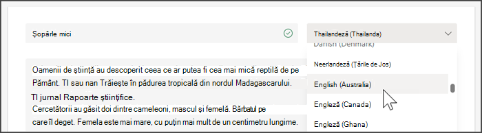 Captură de ecran afișând meniul vertical pentru a selecta o limbă