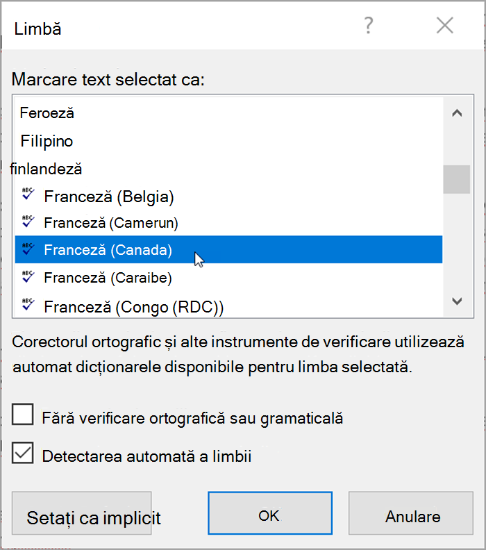 Captură de ecran din Word. Ferestrele pop-up listează limbile care pot fi selectate. Detectarea automată a limbii este bifată.