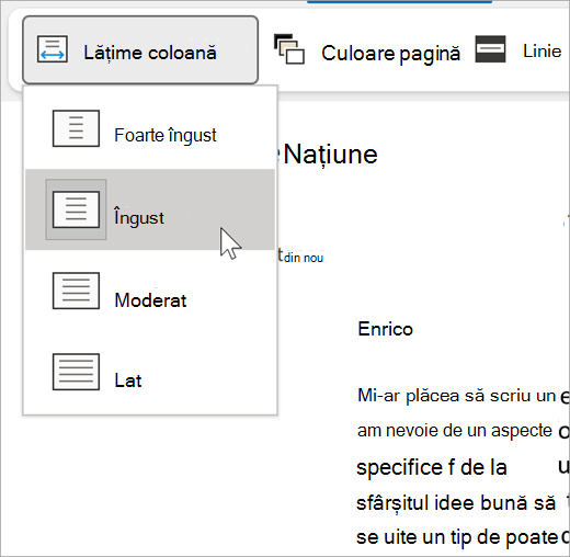Captură de ecran a meniului vertical cu lățimea coloanei pentru Immersive Reader, opțiunile sunt foarte înguste, înguste, moderate, late