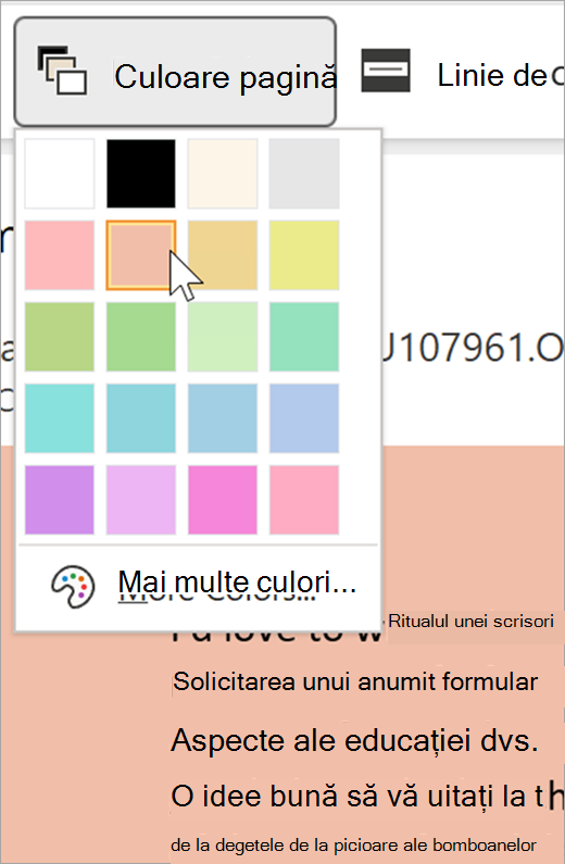 Captură de ecran a meniului vertical Culoare pagină pentru Immersive Reader. Se afișează o paletă de culori, iar fundalul vizibil în spatele meniului vertical este portocaliu pastelat