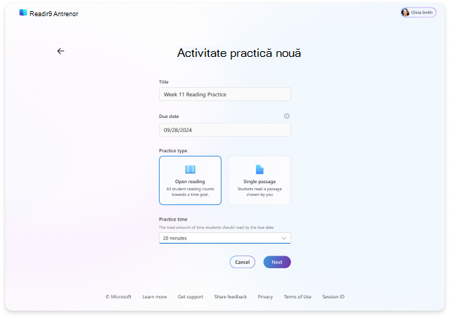 Interfața de utilizare a Îndrumătorului de citire afișând noua pagină de creare a practicii, cu opțiunea de a selecta un titlu, un termen limită și practici temporizate sau bazate pe pasaje de partajat