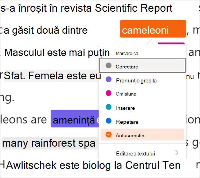 Text marcat cu erori, cuvântul cameleoane este învelit într-o pătrată neagră care indică faptul că se utilizează comenzi rapide de la tastatură, un meniu vertical afișează autocorecția selectată din tipurile de erori disponibile.