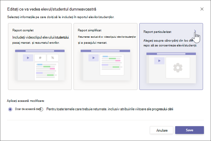 Se afișează două opțiuni pentru rapoartele pentru elevi, raportul complet include detalii numerice specifice despre performanța elevilor, raportul simplificat arată doar ce cuvinte din text a pierdut elevul.