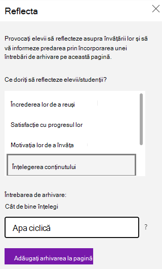 Captură de ecran a întrebării de check-in Reflect.