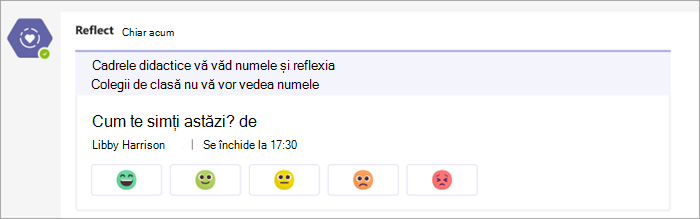 Faceți check-in așa cum apare pe canalul Teams al clasei. 5 butoane emoji variind de la foarte confortabil la foarte inconfortabil sub întrebarea de check-in, cum te simți astăzi?