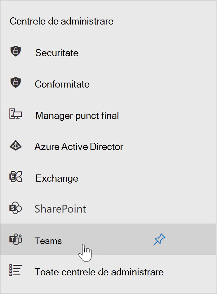 Captură de ecran a centrului de administrare Microsoft 365 cu cursorul trecând peste punctul de intrare pentru centrul de administrare Teams.