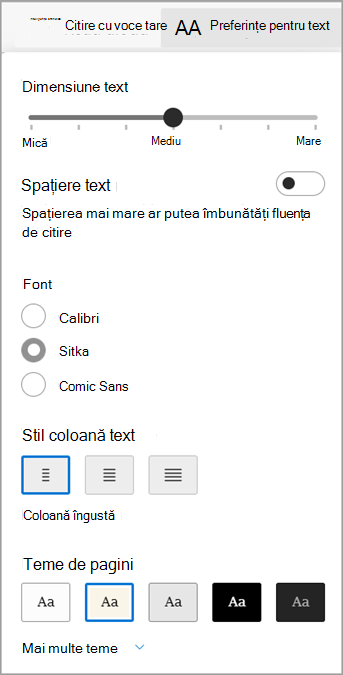 Preferințe de text în Immersive Reader pentru Microsoft Edge.