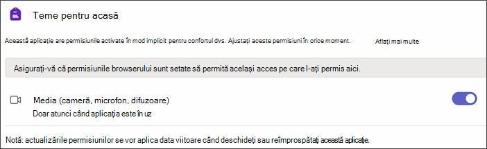 Captură de ecran a setărilor Teams după selectarea Permisiuni pentru aplicații. se afișează o setare denumită Media cu comutatorul activat.