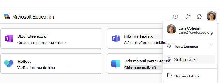 Element de meniu Setări curs