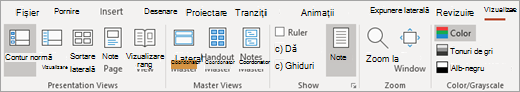 Opțiunile de vizualizare a prezentărilor și note pe fila Vizualizare PowerPoint