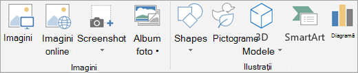 Opțiuni pentru imagini și ilustrații pe fila Inserare din PowerPoint