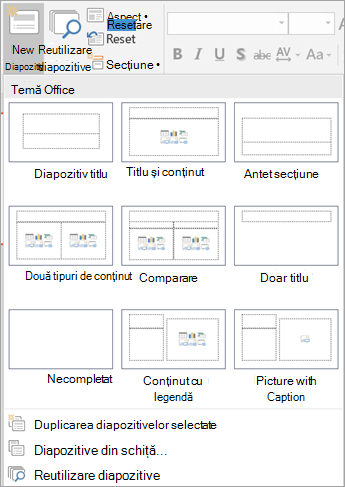 Meniul Diapozitiv nou din PowerPoint afișând aspectele de diapozitiv disponibile