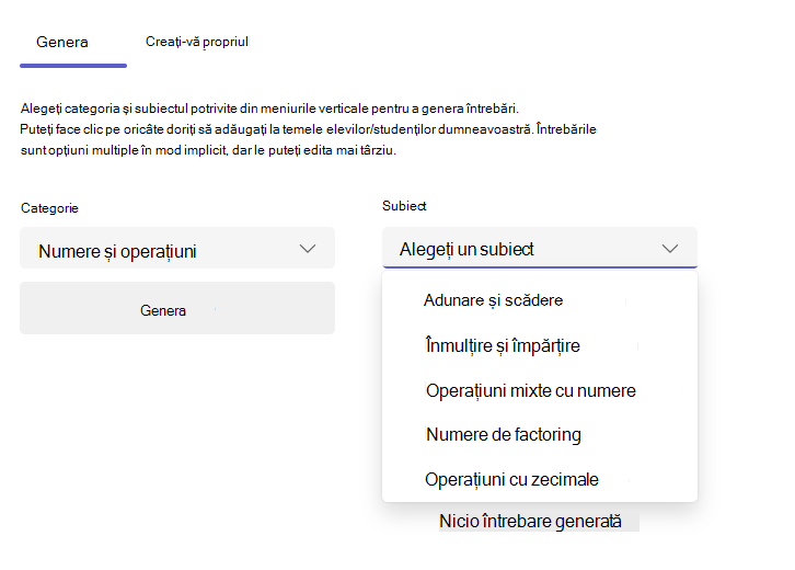 Captură de ecran a filei Generare.